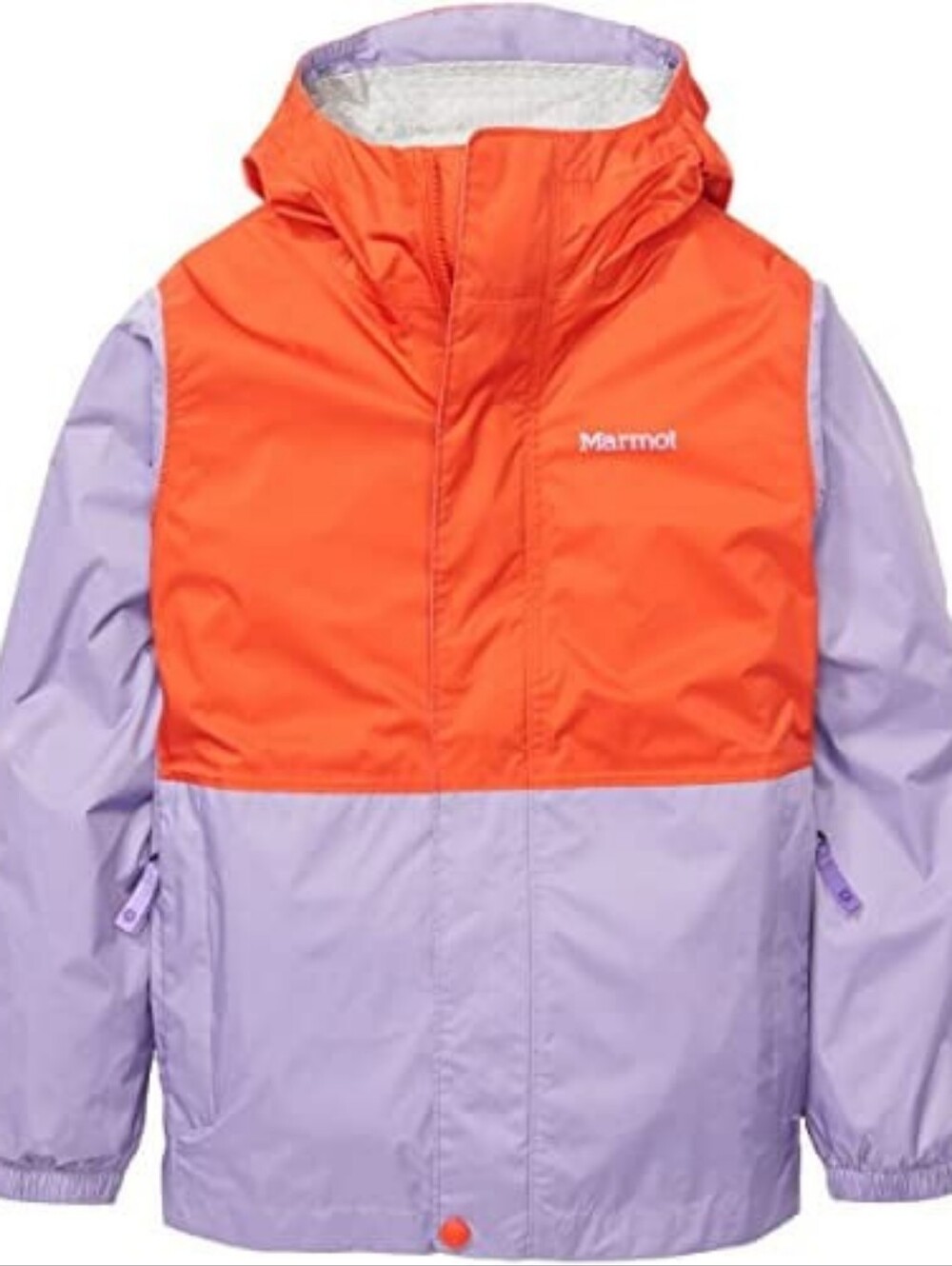 Packable Big Kid's Marmot PreCip Eco Rain Jacket In Red Sun/Paisley Purple